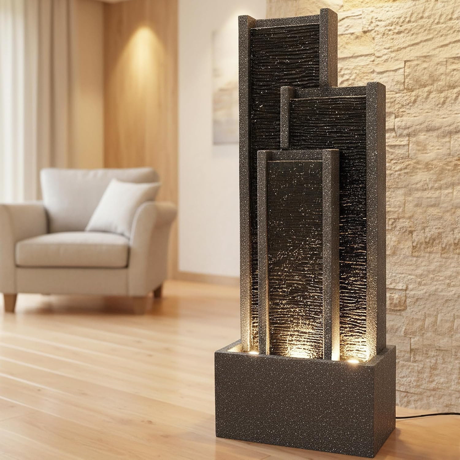 Gartenbrunnen BK903 Wasserwand 99 cm Standbrunnen Springbrunnen mit Beleuchtung Wasserfall Gartendeko Zimmerbrunnen
