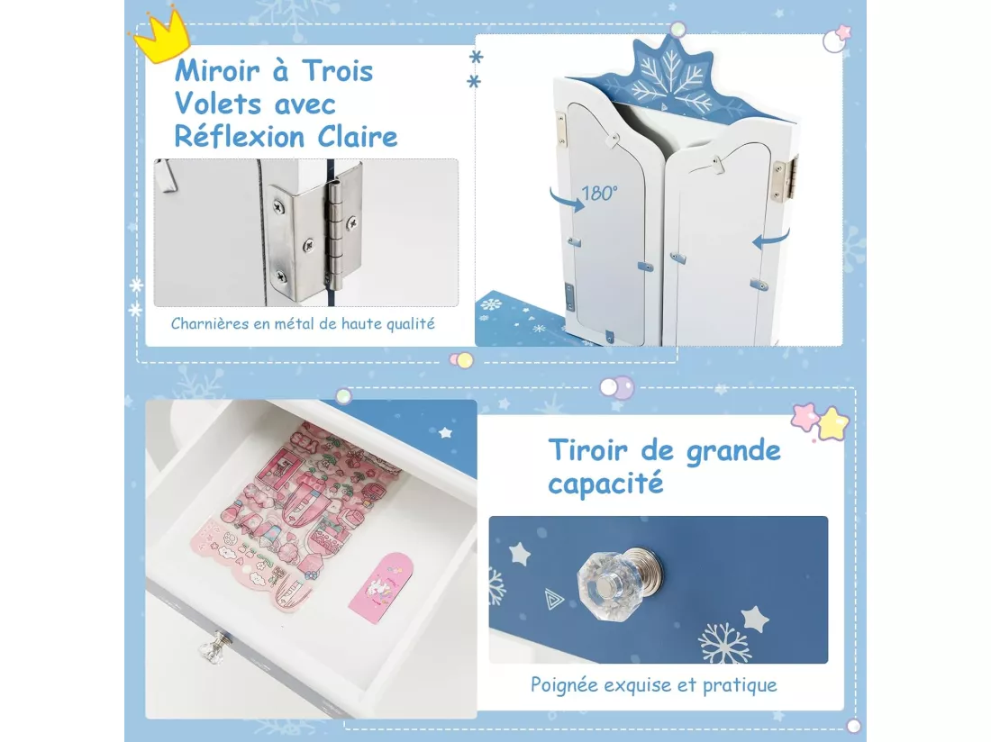 2 en 1 Coiffeuse Enfants Fille avec Miroir Amovible à 3 Volets & Tabouret, Table de Maquillage avec Tiroir & Motif Flocon de Neige, Charge 50kg pour Enfants de 3-7 Ans, (Bleu)