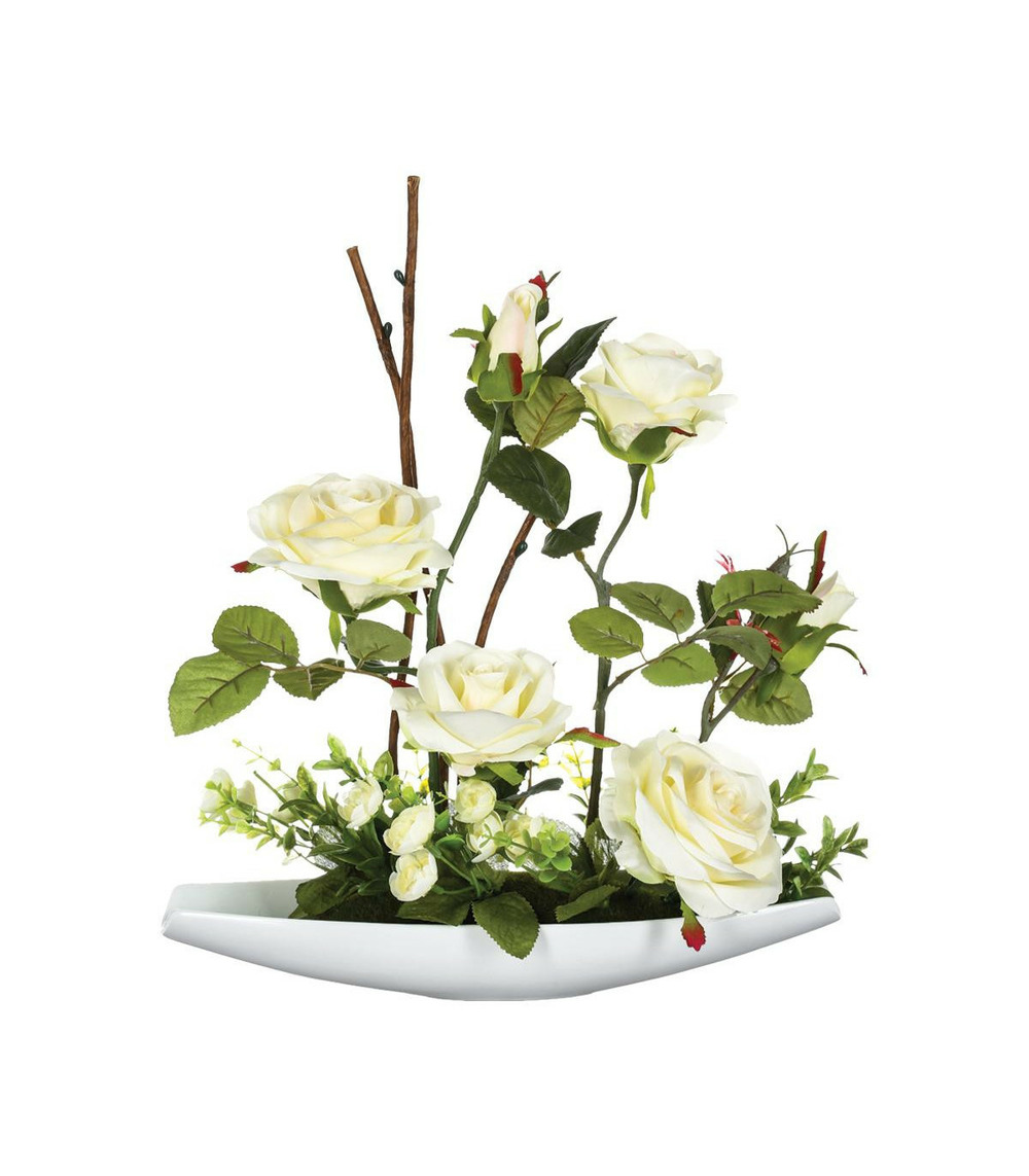 Composition florale artificielle roses dans une coupelle en céramique l 32 x h 35 cm