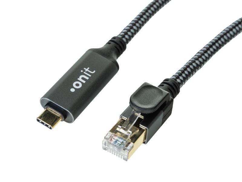 onit Adapterkabel USB-C – RJ45 Grau/Schwarz, 3 m LAN-Kabel für Mobilgeräte ohne RJ45-Anschluss