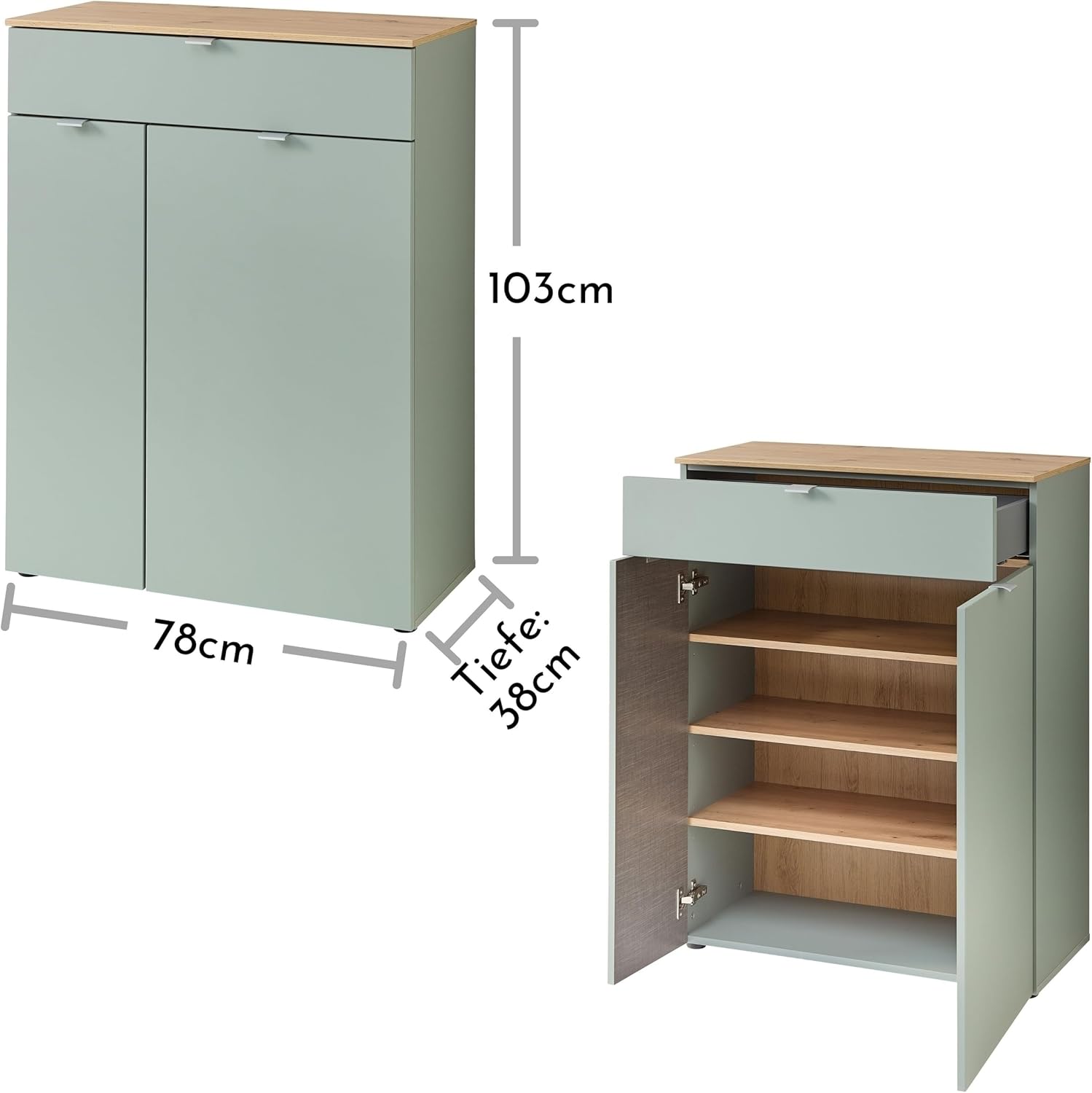 möbelando Garderoben-Set >Bari< (2-teilig) Schuschrank 78x103x38cm mit 3 Böden und Schublade, Spiegel 78x80x17cm mit 2 Böden, Schilfgrün supermatt/Artisan Eiche Dekor - 78x190x38cm (BxHxT)