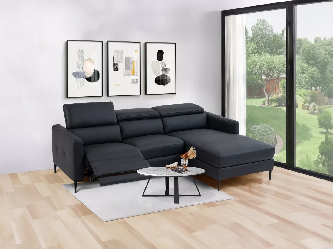 Canapé d'angle droit relax électrique en cuir noir FUSETA