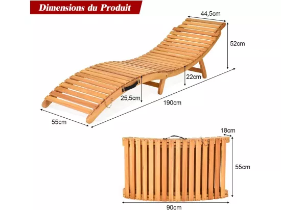 Chaise Longue Pliante en Bois Massif, Bain de Soleil avec Coussin Rembourré à Double Face et Appui-Tête Pliable, Chaise d'Extérieur à Lattes pour Jardin, Pelouse, Piscine, Charge 180 KG