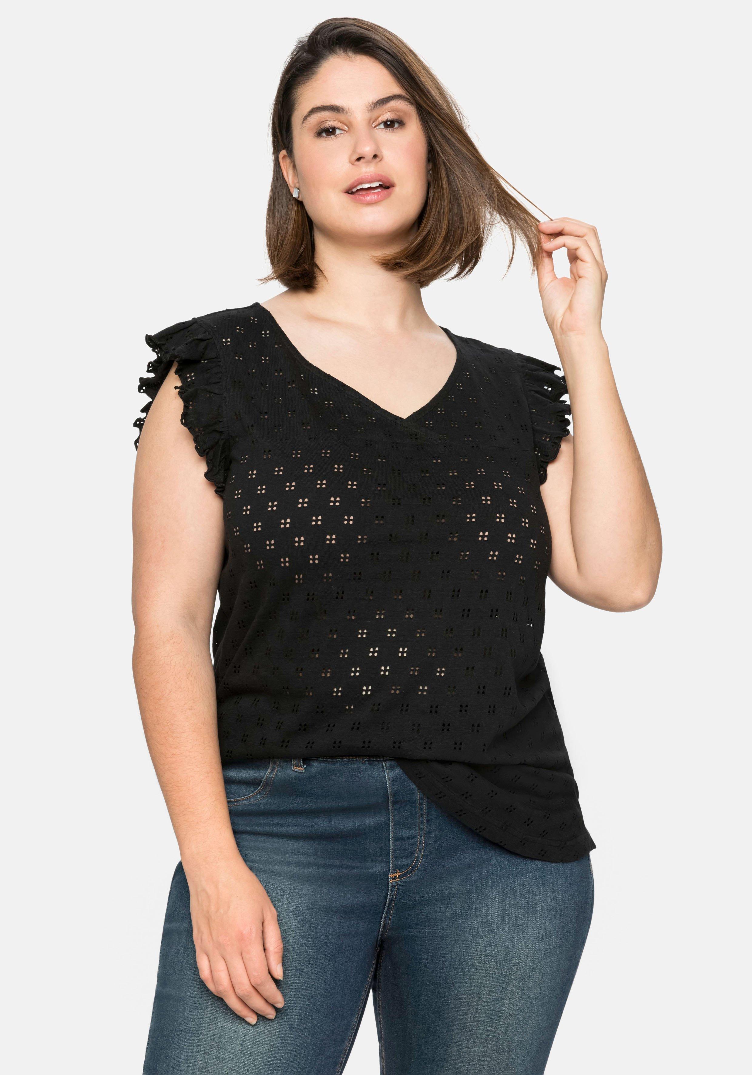 Jerseytop mit Lochmuster und Rüschen