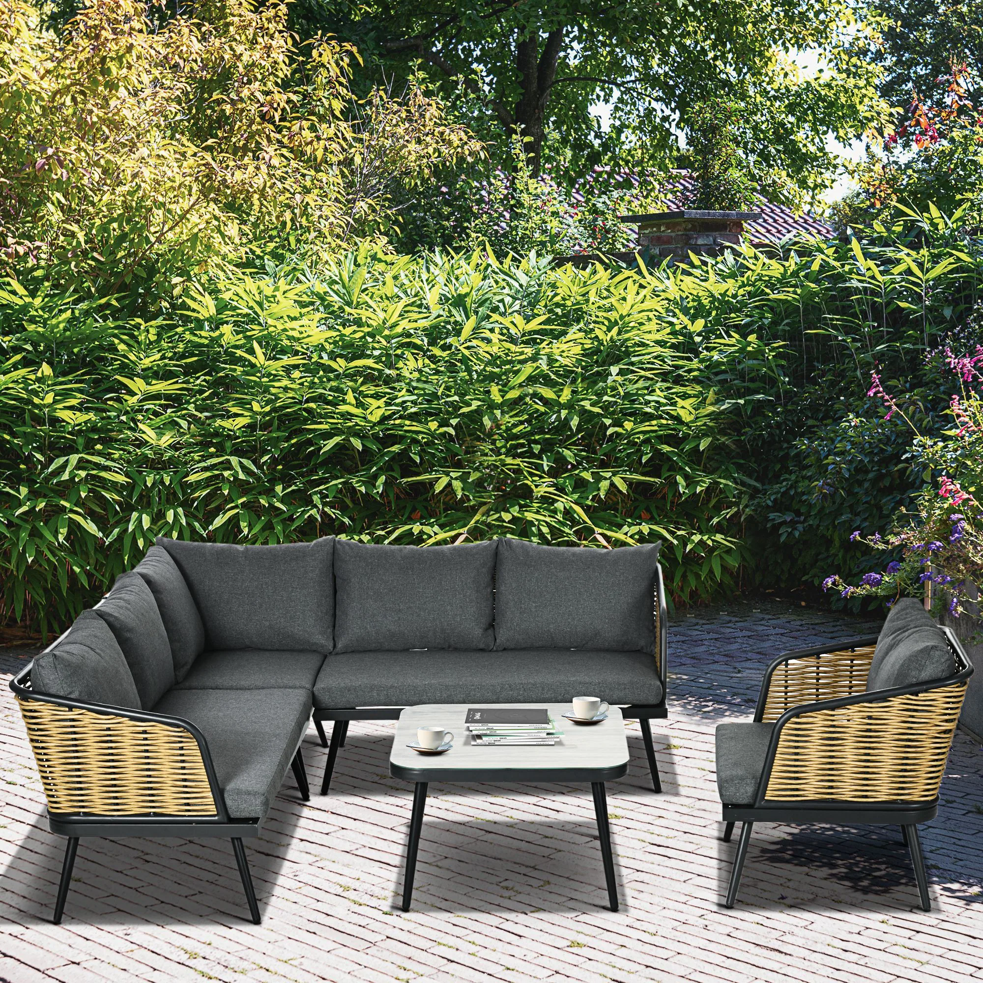 Outsunny Rattan Gartenmöbel-Set mit Sitzkissen braun 123L x 49B x 47H cm