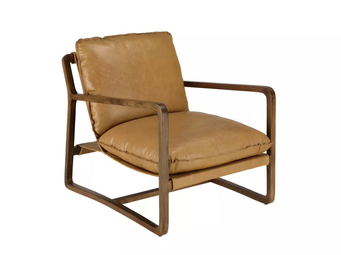 GASTON - Fauteuil incliné vintage cuir marron cognac, structure en bois