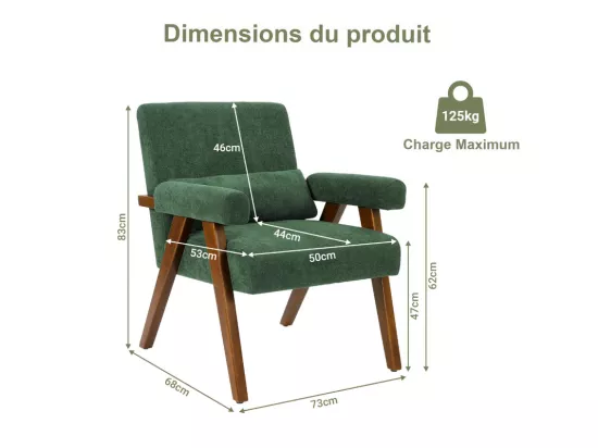 Fauteuil en Sherpa Vert - pieds en bois massif - avec accoudoirs rembourrés - charge max 125kg - 73x68x83cm