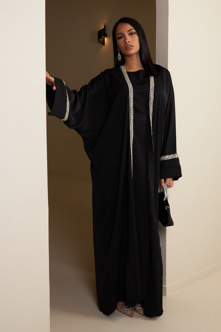 Ensemble 3 pièces abaya + gilet + voile à perles noir