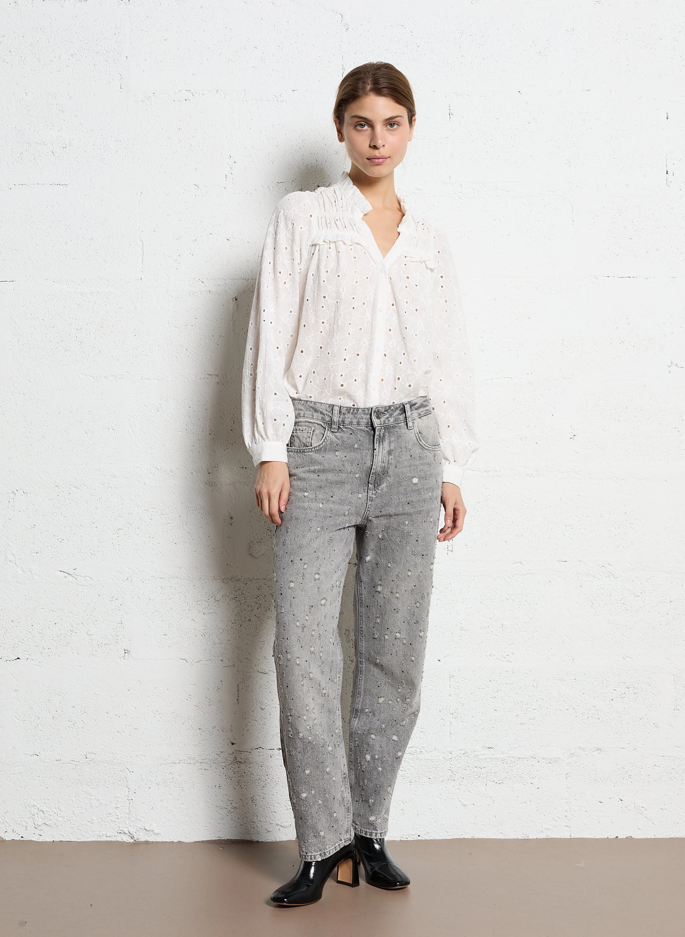 Jean droit taille haute en coton | Gris