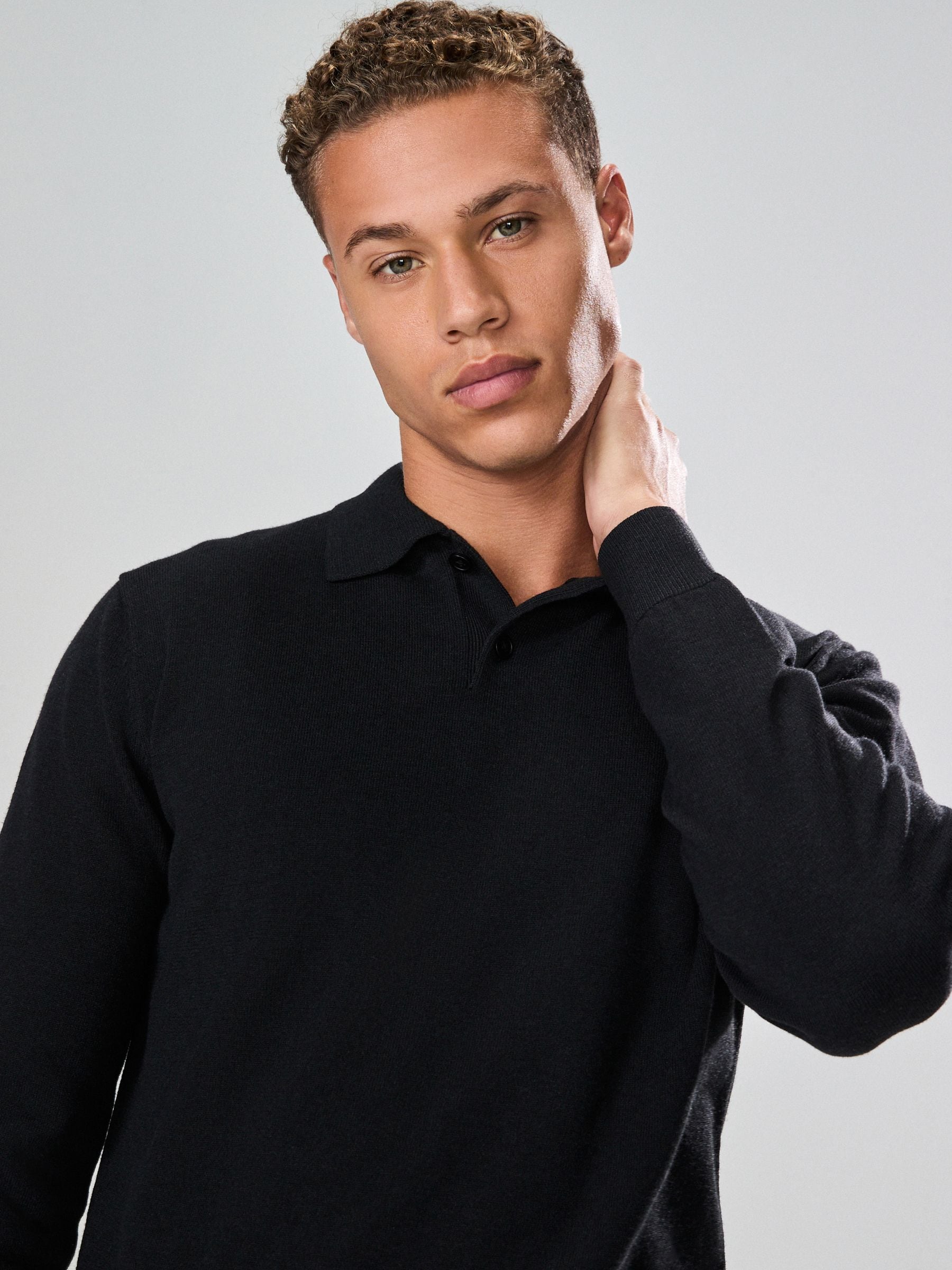 Zwart - Effen - Regular Fit Essential Long Sleeve Knitted Polo Shirt