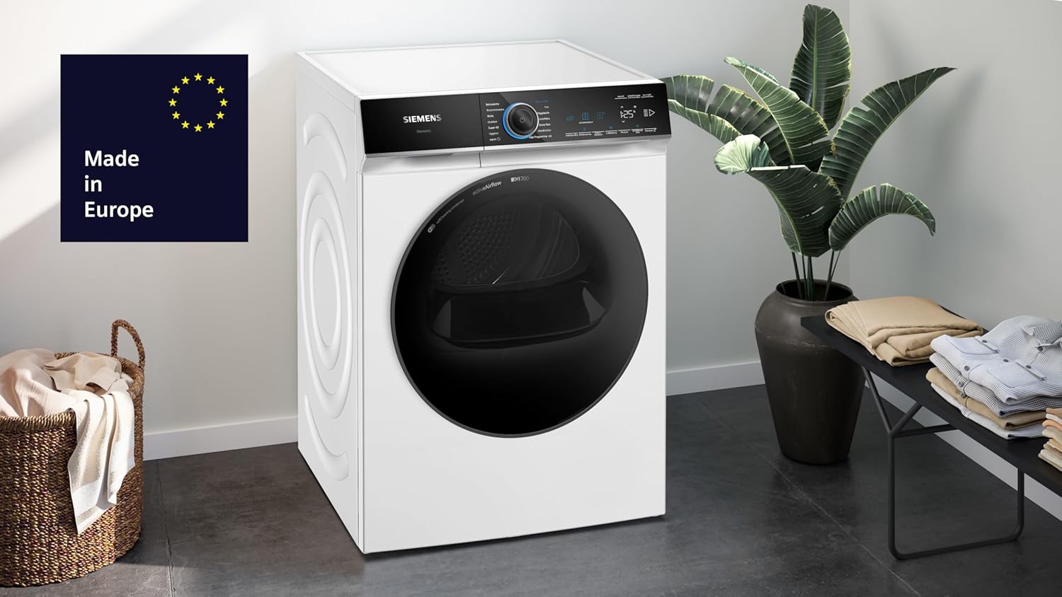 Siemens WR47B2C40 iQ700 Wärmepumpen-Trockner, 9 kg, Selbstreinigender Kondensator, AutoDry, Kurzprogramm 40', Nachlegefunktion, Reversierende Trommel, halbe Beladung, LED-Display, Touch Control