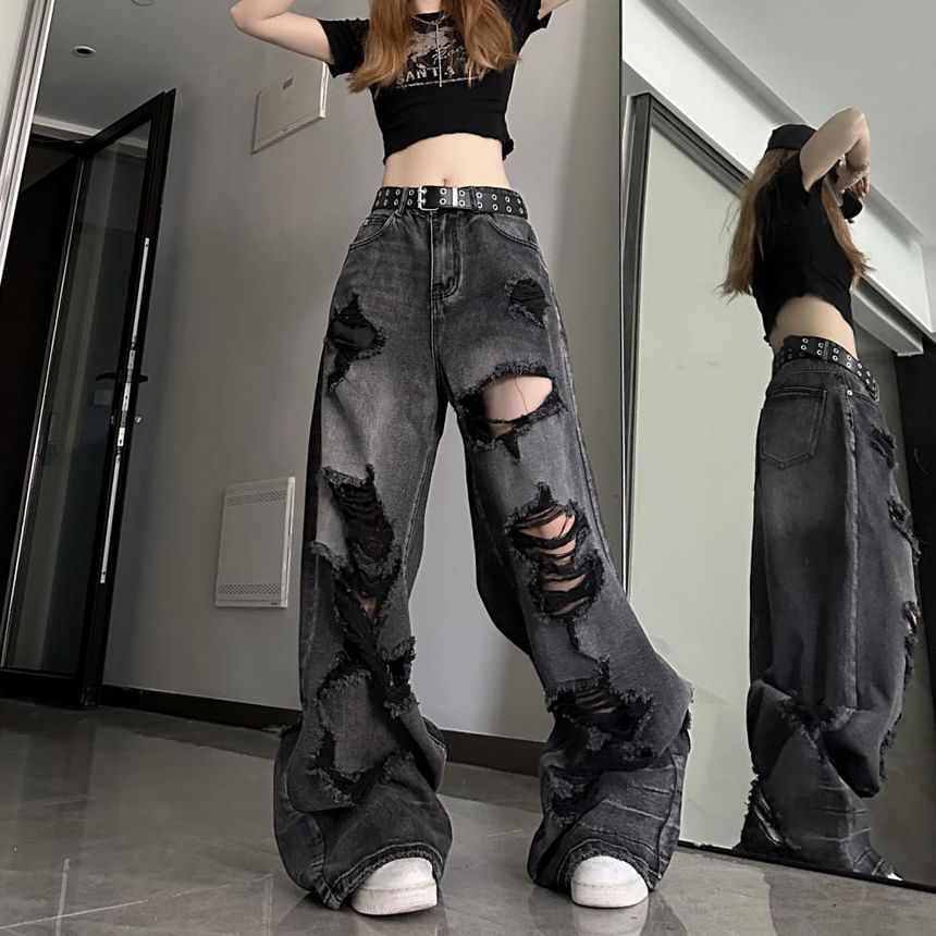 Chisan - Mid Rise Washed Ripped Wide Leg Jeans