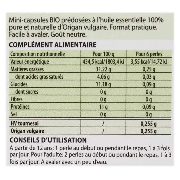 Pérolas de óleo essencial de orégano comum Pranarom, 60 minicápsulas
