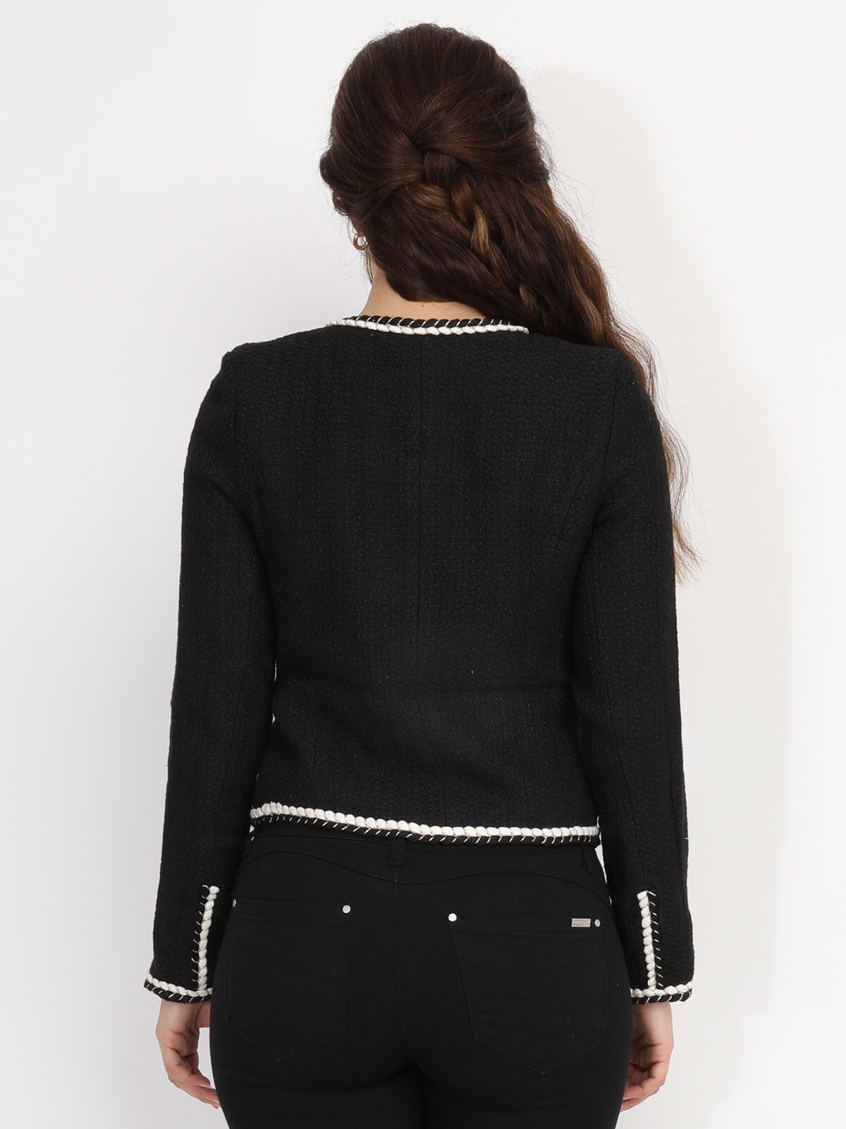 Veste en tweed à boutons et liserés torsadés- Noir