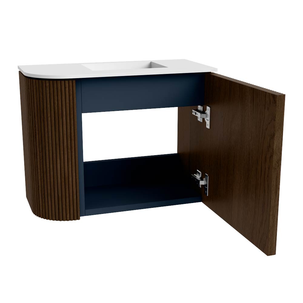 Mondiaz Joya 50cm toiletmeubel ronding links walnut met wastafel faye rechts 1 kraangat talc