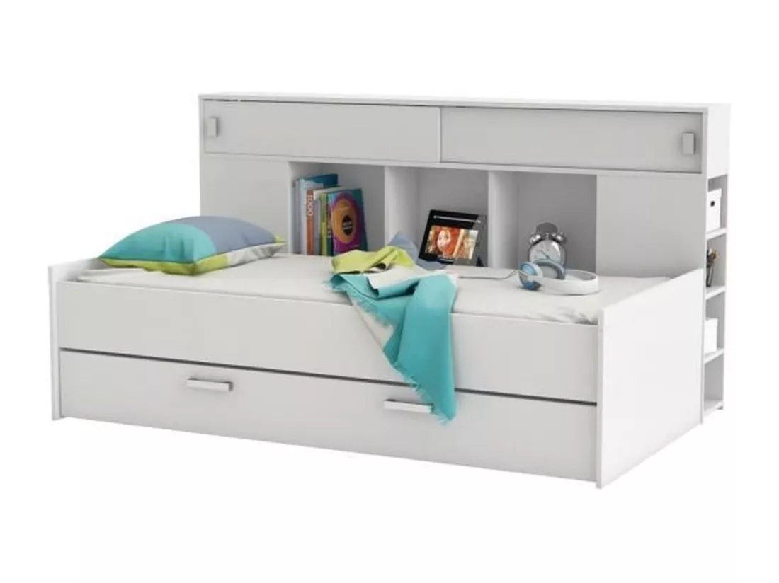 Sherwood Lit gigogne enfant - Tête de lit étageres intégrées - Blanc perle - 90 x 200 cm