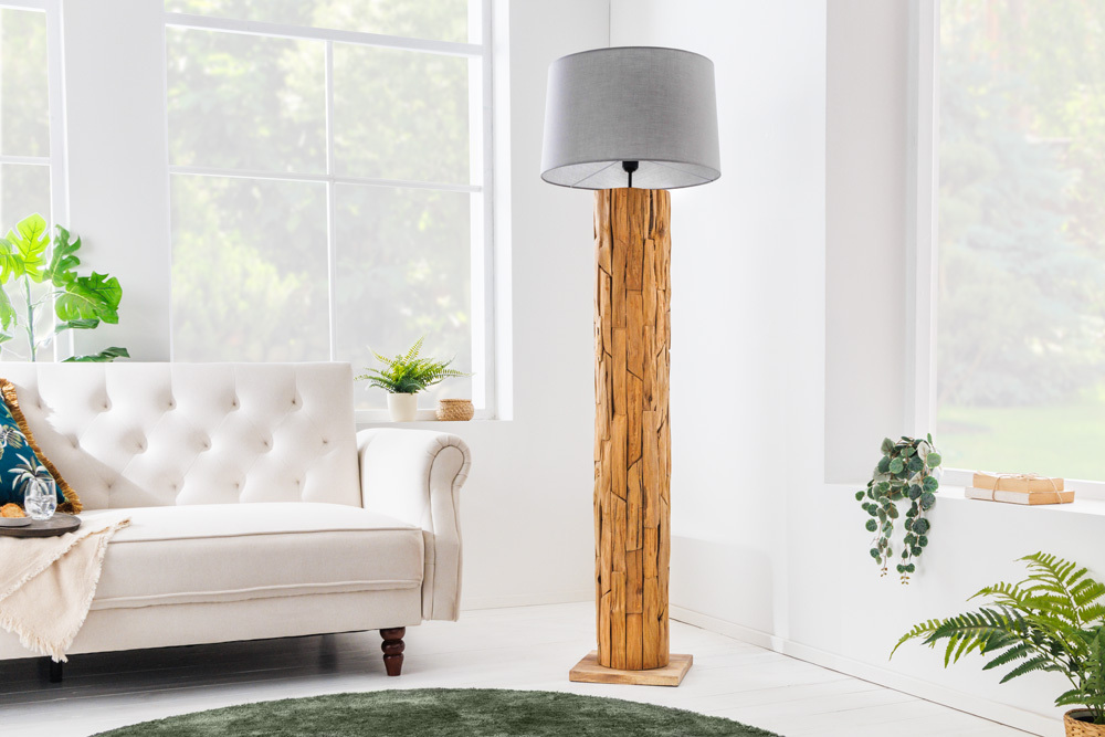 Design Stehlampe ROOTS 160cm Treibholz Leinenschirm grau handmade