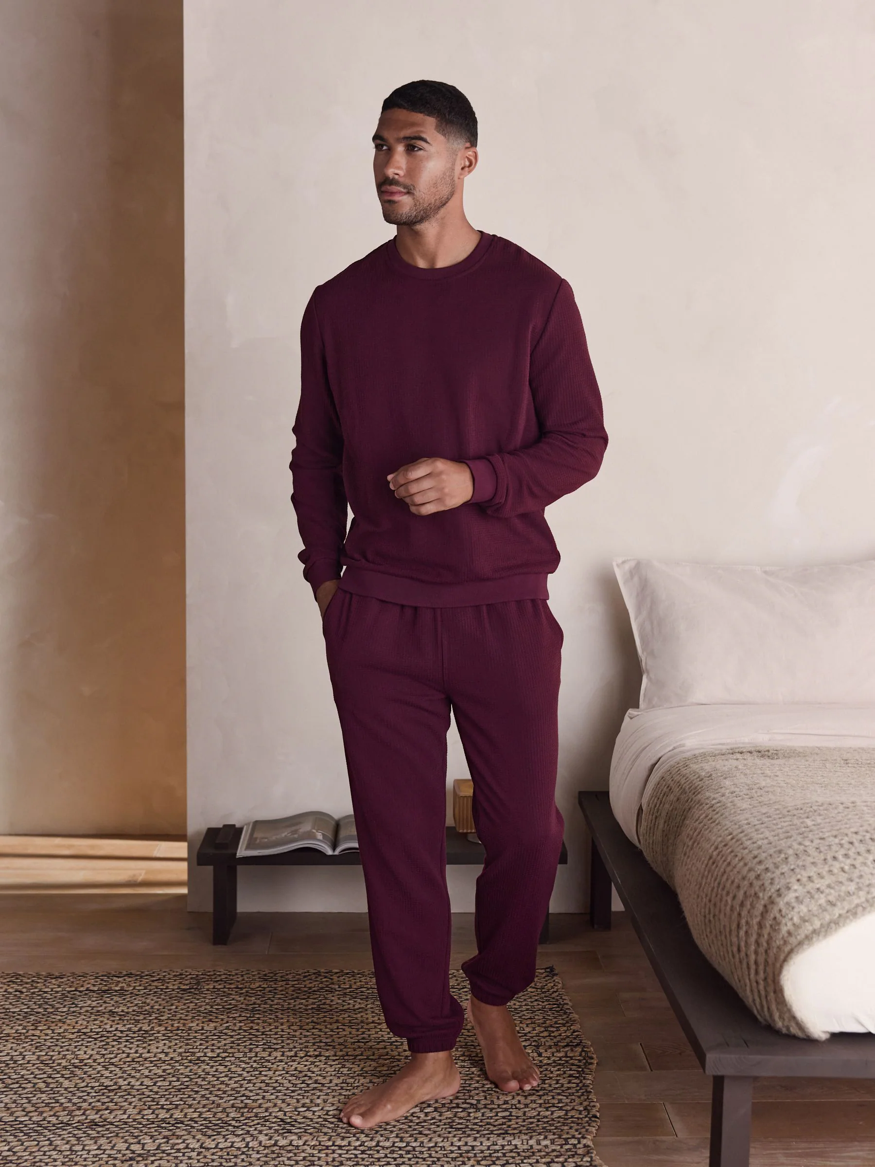 Bessenrood - Zachte pyjama met top met wafeldessin en lange mouwen