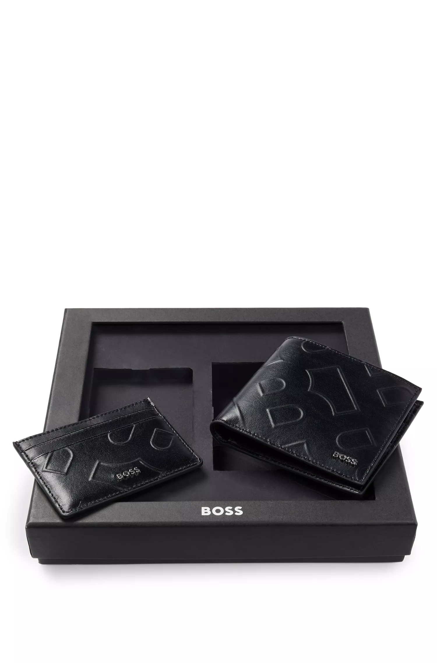 Conjunto de carteira e porta-cartões em couro preto com monograma BOSS