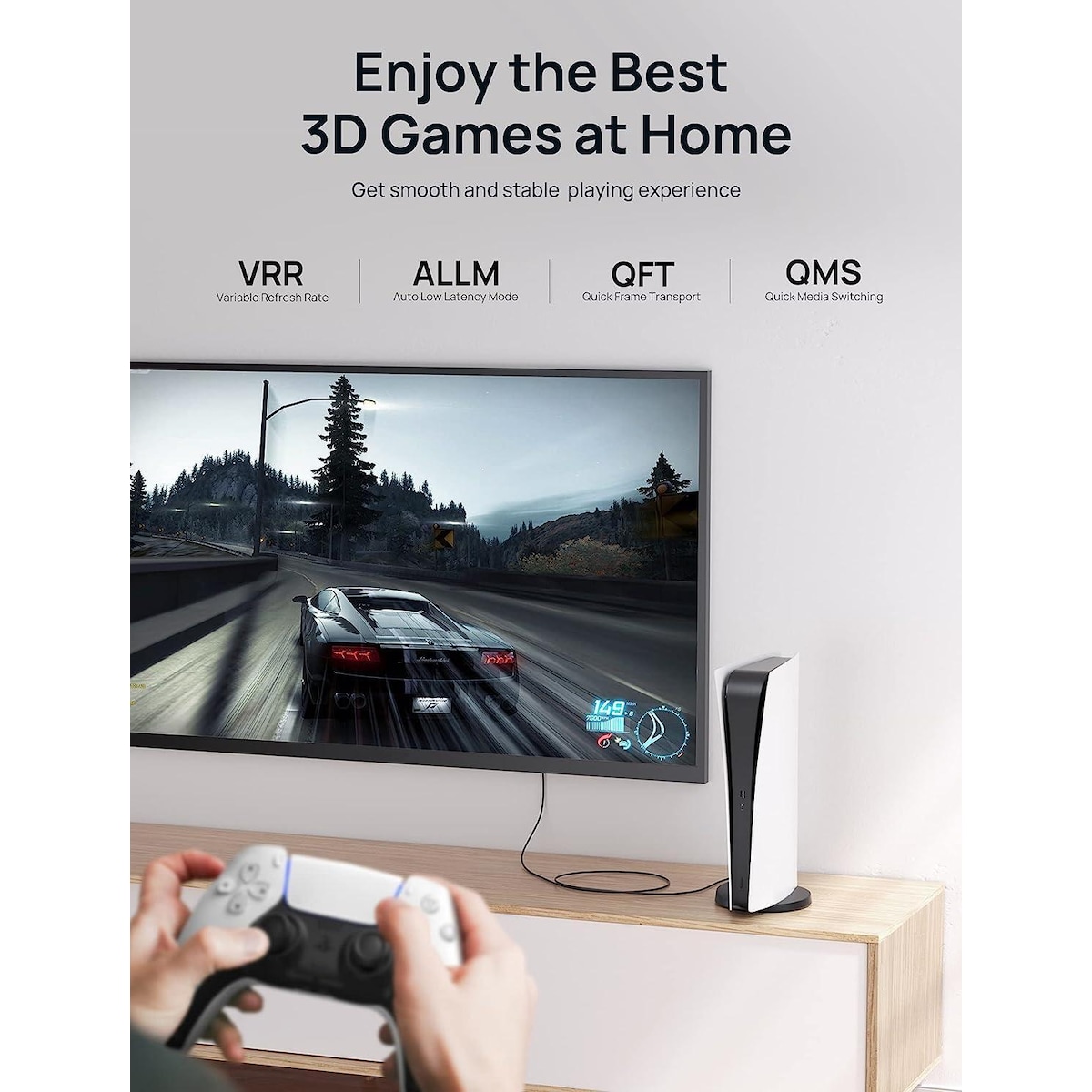 NÖRDIC 1m slank Ultra High Speed ​​​​HDMI2.1 8K 60Hz 4K 120Hz 48Gbps Dynamic HDR eARC Spillmodus VRR Dolby ATMOS