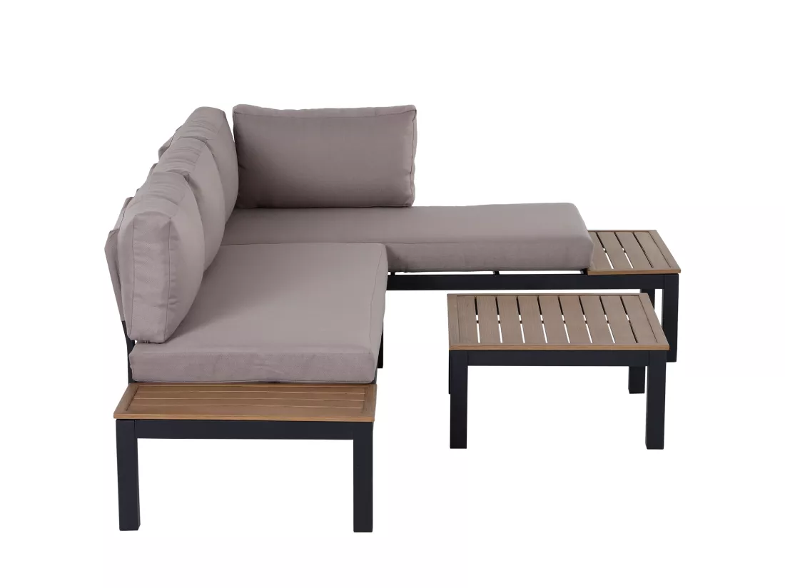 Ensemble salon de jardin d'angle design contemporain 5 places coussins marron table basse alu. noir et imitation bois