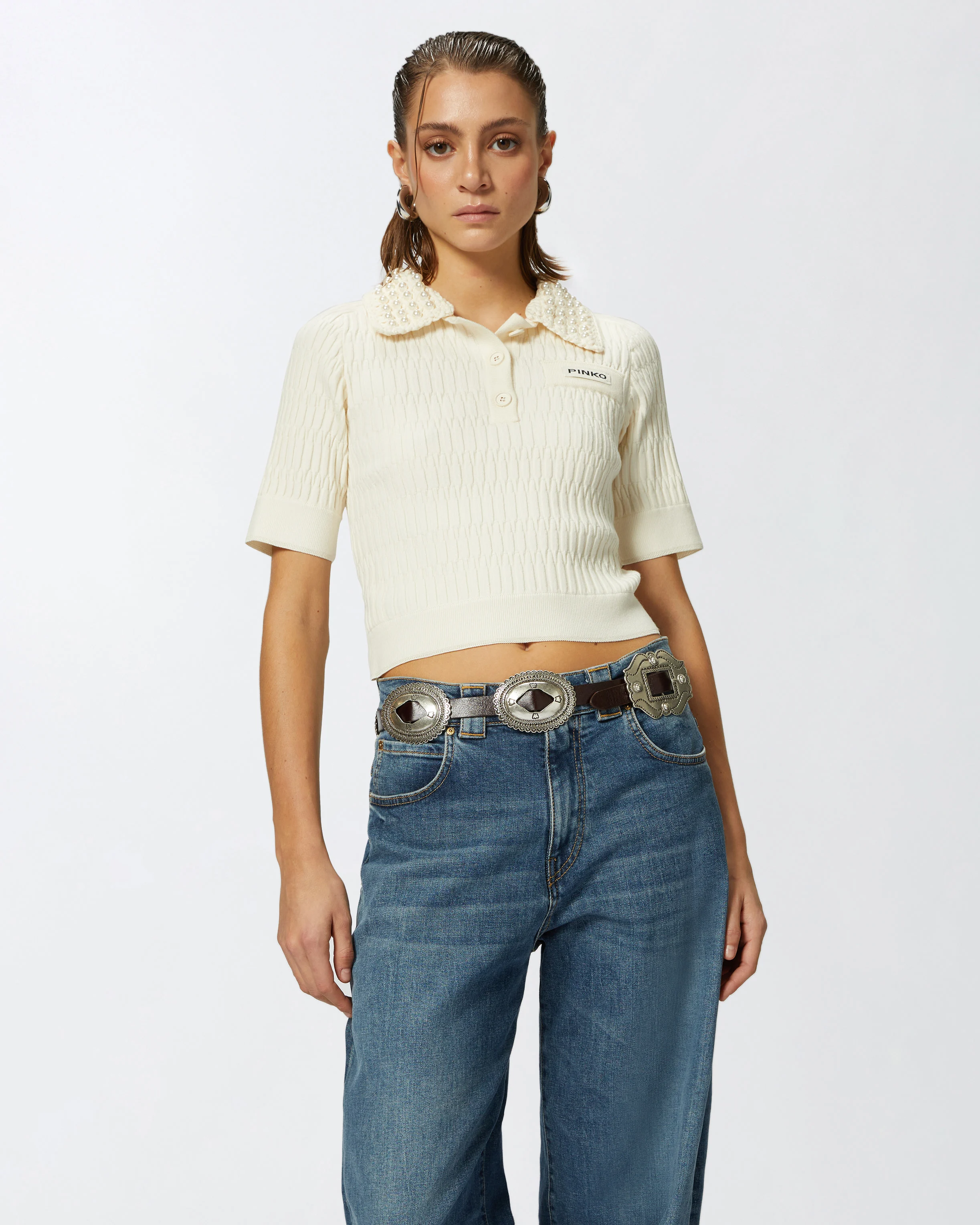 Polo court avec col en crochet à perles | Blanc