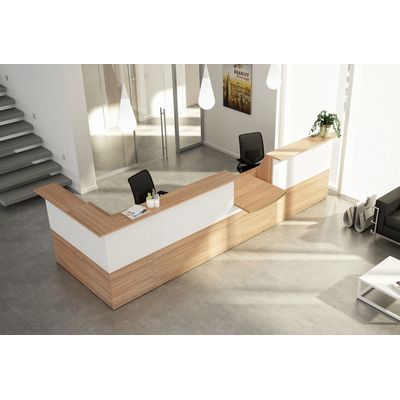 Banque d'accueil en angle 90° MUSA - L76 x H117 x P76 - Noyer/blanc