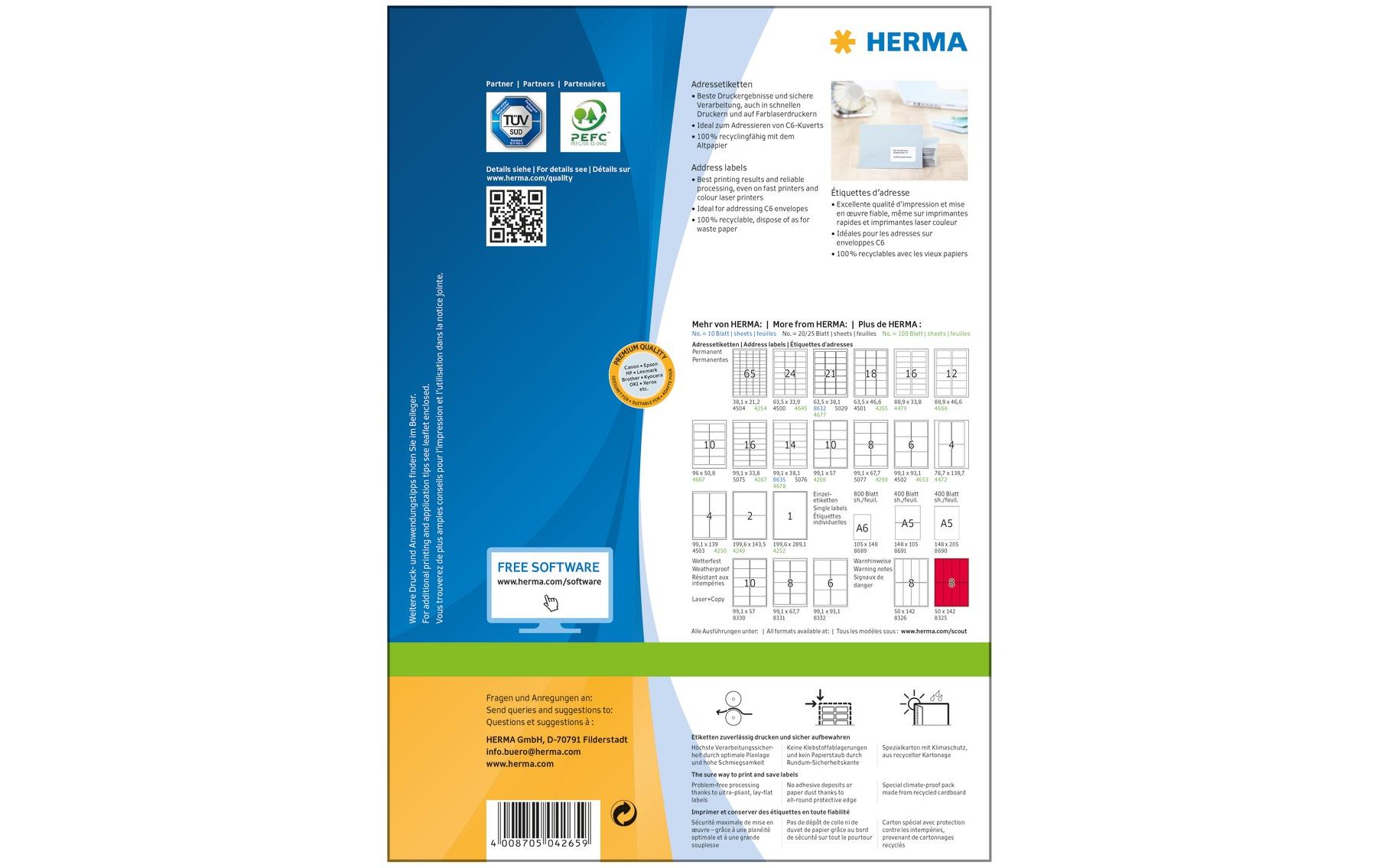 Adressetiketten 4265 A4 Weiss, 100 BlattSelbstklebende und bedruckbare Etiketten