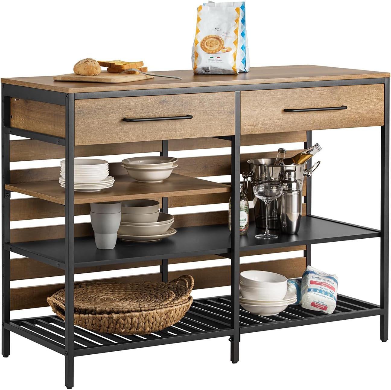 SoBuy Sideboard Vintage mit 2 Schubladen Küchenkommode mit Offenen Ablagen, Metallgestell & Mikrowellenfach Küchenmöbel Kommode für Wohnzimmer, Küche oder Esszimmer 120x91x45cm Braun FSB85-PF-A