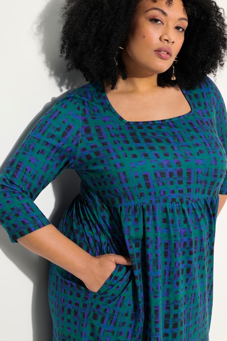 Longshirt, Karo, A-Linie, Carree-Ausschnitt, 3/4-Arm
