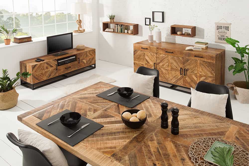 Massiver Esstisch INFINITY HOME 160cm natur schwarz Mangoholz Industrial Design X-Gestell