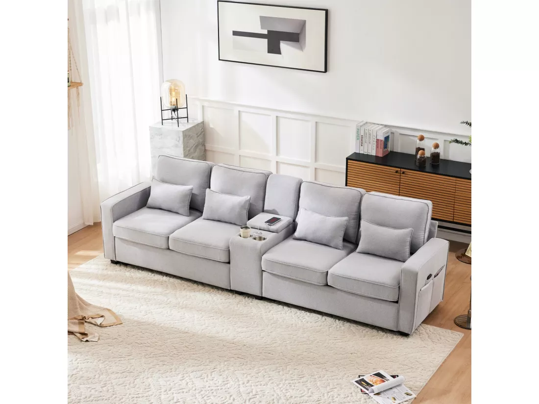 Canapé 4 places en tissu lin - avec 4 oreillers 2 ports USB et porte-gobelets - poches d'accoudoir - 290x83x88cm, Gris