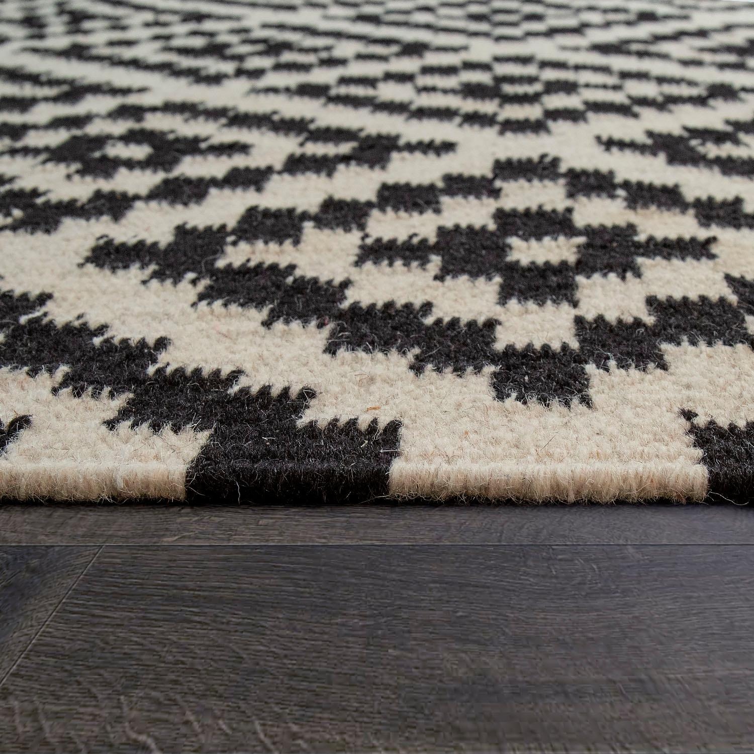 Paco Home Wollteppich »Kenitra 500« rechteckig 12 mm Höhe Flachgewebe, reine Wolle, handgewebt, Rauten Design, mit Fransen