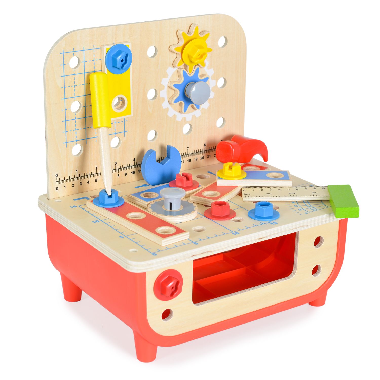 Tooky Toy Kinder Holz Werkbank TF797 Kinderwerkzeug, Hammer, 31 Teile, Schrauben rot