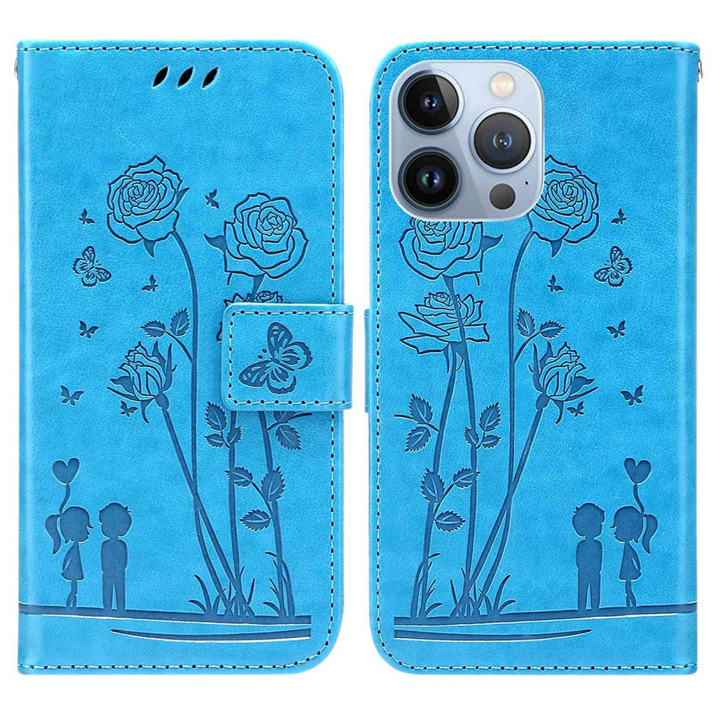 iPhone 13 Pro Leder Tasche mit Kartenfach Love Roses - Blau