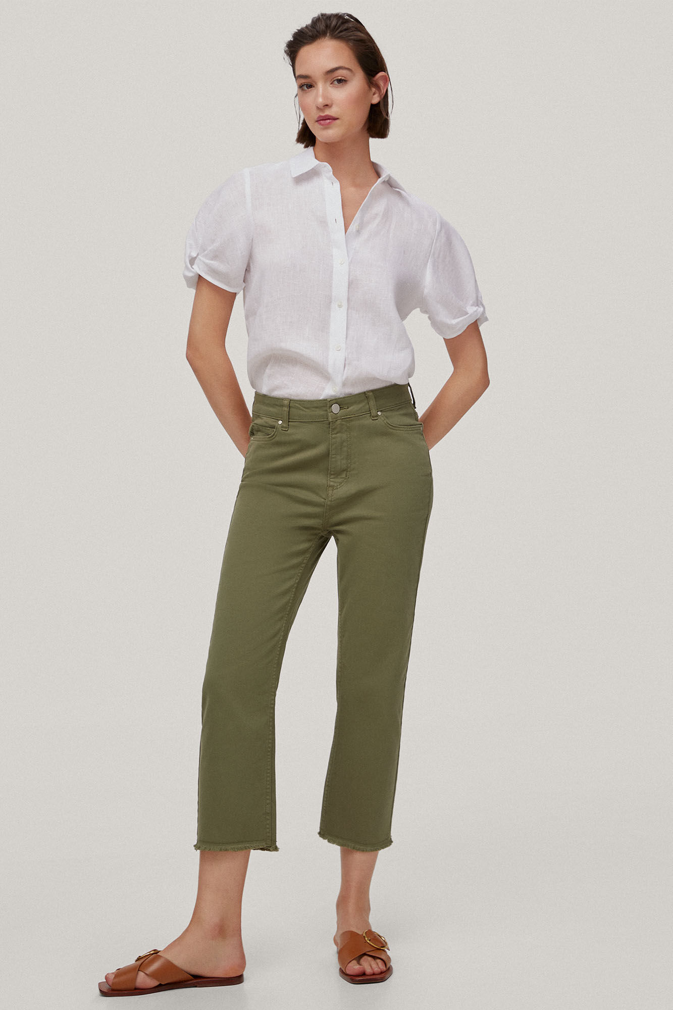 Calça jeans Capri de corte reto com 5 bolsos - Verde