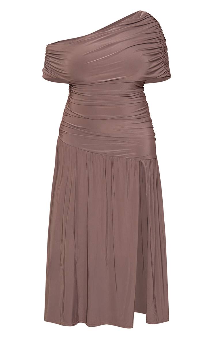 Taupe Robe Longue Grande Taille À Double Couche Slinky Bardot Froncée