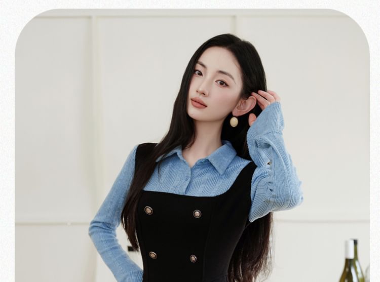 Cocaliso - Mock Two-Piece Long-Sleeve Collar Two Tone Midi A-Line Dress