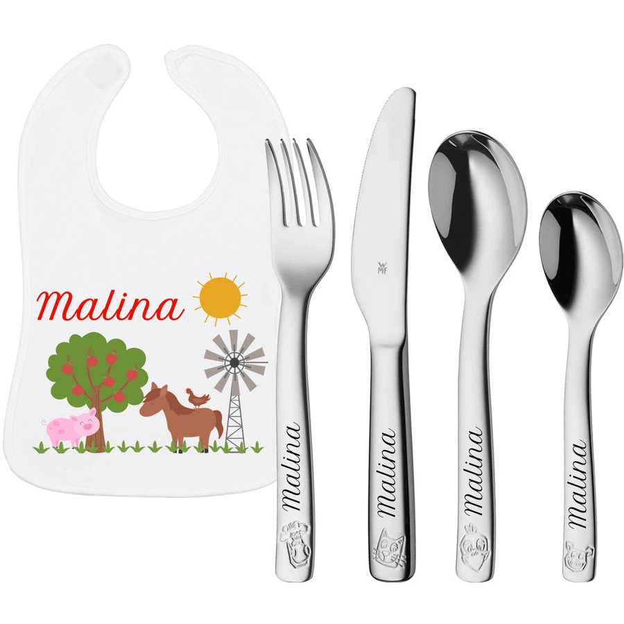 Schnullireich Geschenkset mit Namen WMF Kinderbesteck Farm + Baby Lätzchen Bauernhof Silber