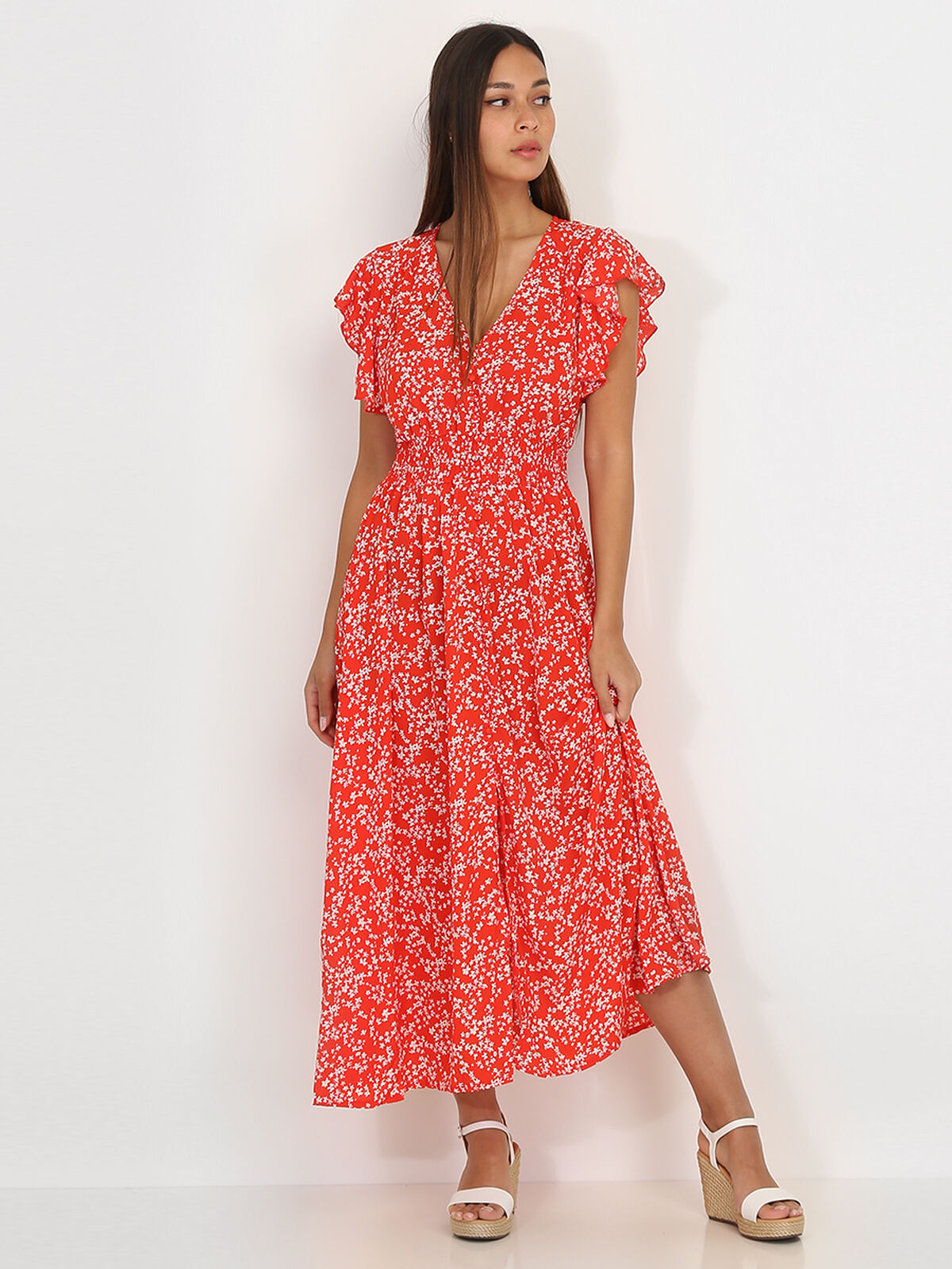 Robe évasée smockée à fleurs- Rouge