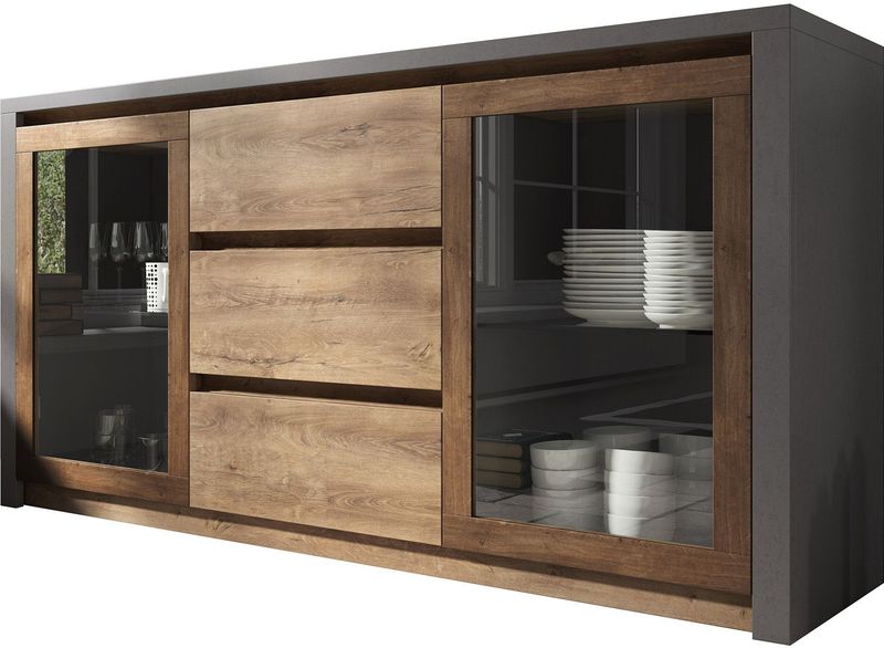 Meubella - Dressoir Monaco - Eiken - Grijs - Met Glas