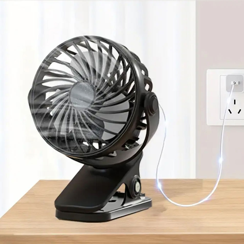 (14x12cm) Hand Ventilator Tragbarer Lüfter Wiederaufladbarer Clip Taschenventilator mit Klemme / LED Beleuchtung - Schwarz