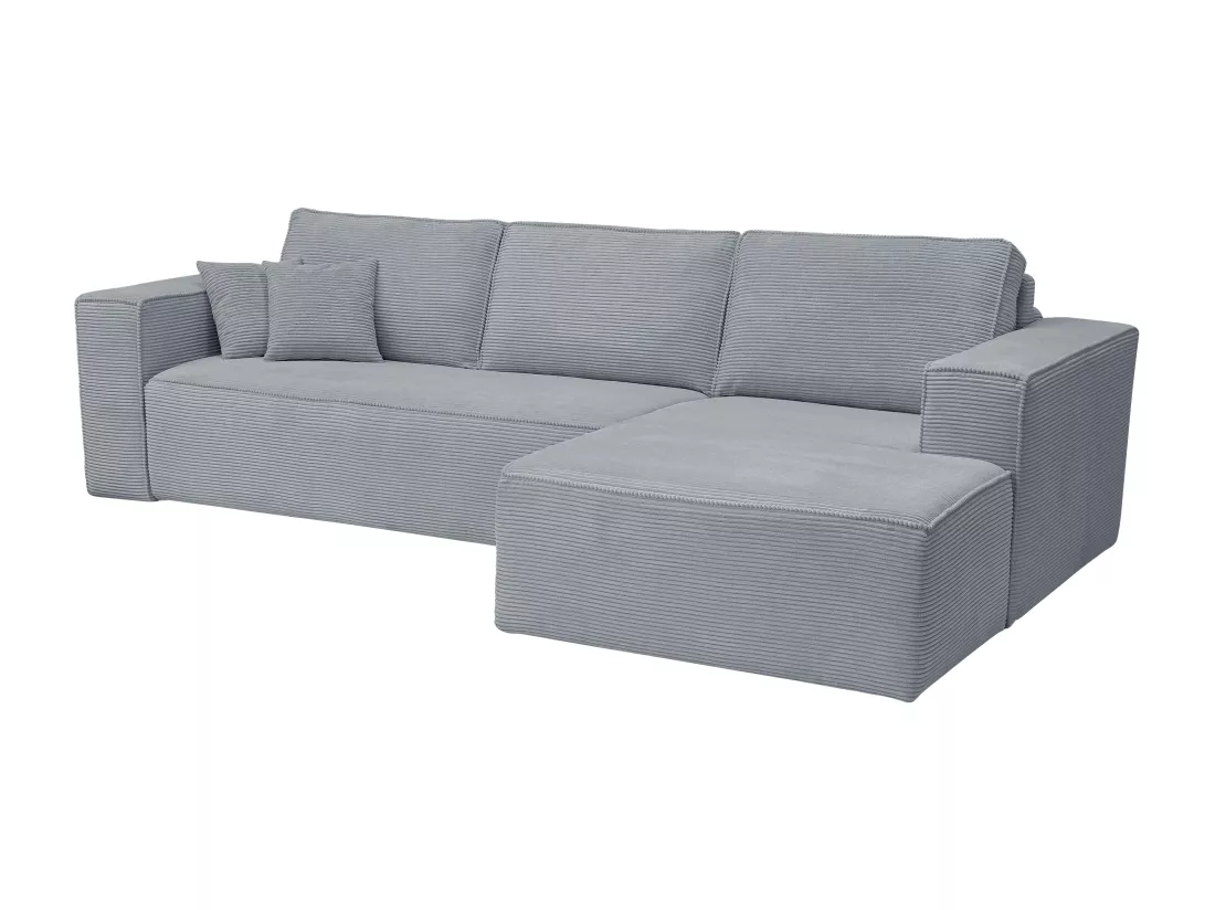 Canapé d'angle droit convertible express en velours côtelé gris clair - Couchage 140 cm - Matelas 13 cm AMELIA II
