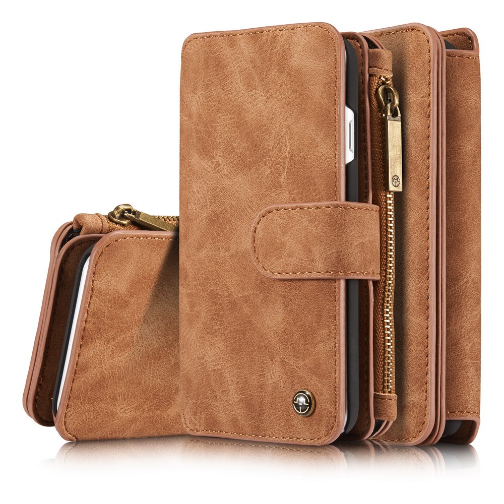 iPhone SE (2022/2020) / 8 / 7 3in1 Leder Tasche   Magnet Hardcase und Karten Etui (Vertikal Ausklappbar) - Hellbraun