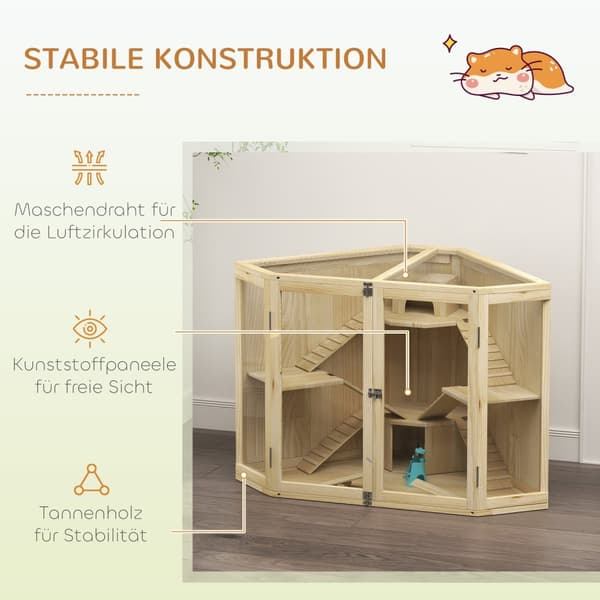 Hamsterbur i tre, smådyrebur med 4 nivåer, fôringsstasjon, vippe, rampe, hytter, marsvinbur for dverg- og syriske hamstere, 115 x 69,5 x 79 cm
