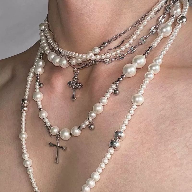 darcicon - Kruis imitatie parel gelaagde ketting / lange ketting