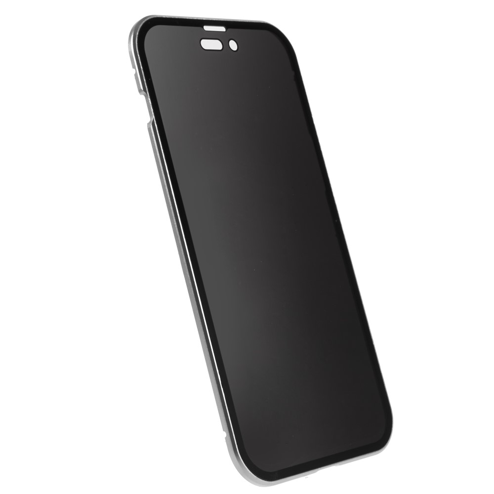 iPhone 14 Pro Magnetische Alu Schutzhülle mit Panzer Glas Backcover   Privacy Glas Displayschutz (Magnet-Technologie) - Silber