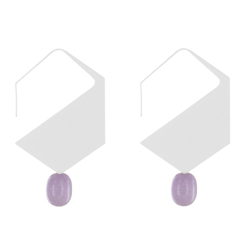 Boucles d'Oreilles Crochet Plat Métal Argenté Hexagone et Perles Céramique