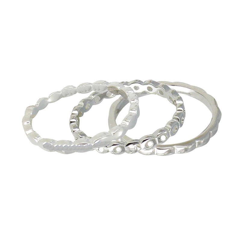 Set 3 Bagues Argent Anneau de Vagues, Amandes et Ronds Ajourés