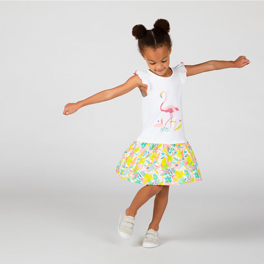 Robe bi-matière manches courtes en jersey pour fille - Blanc